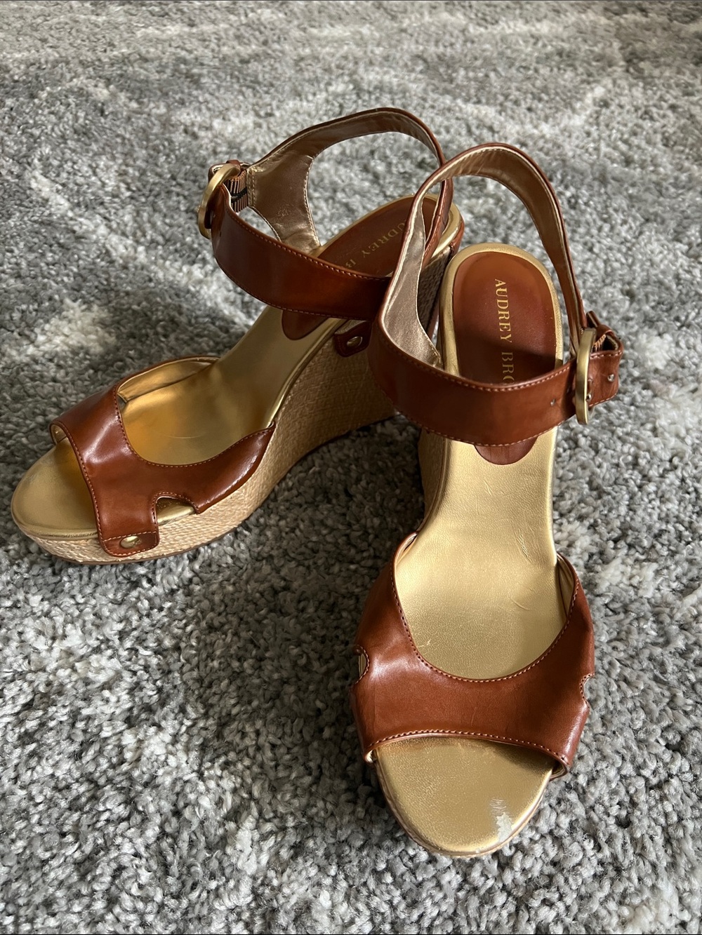Audrey Brooke Cognac Leather Wedge Sandals with Ankle Strap